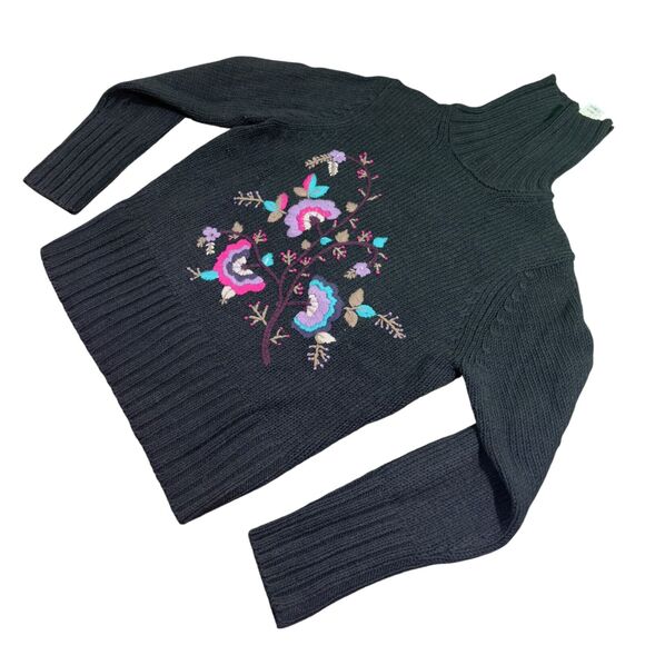 The Limited Sweater Women's Large Black Knit Wool Turtleneck Floral Embroidered - Picture 2 of 8